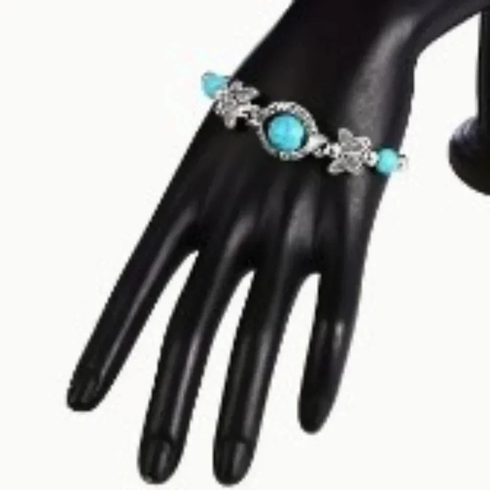 Fashionable Turquoise Bangle with Engraved Butterfly Alloy & Mosaic Plastic